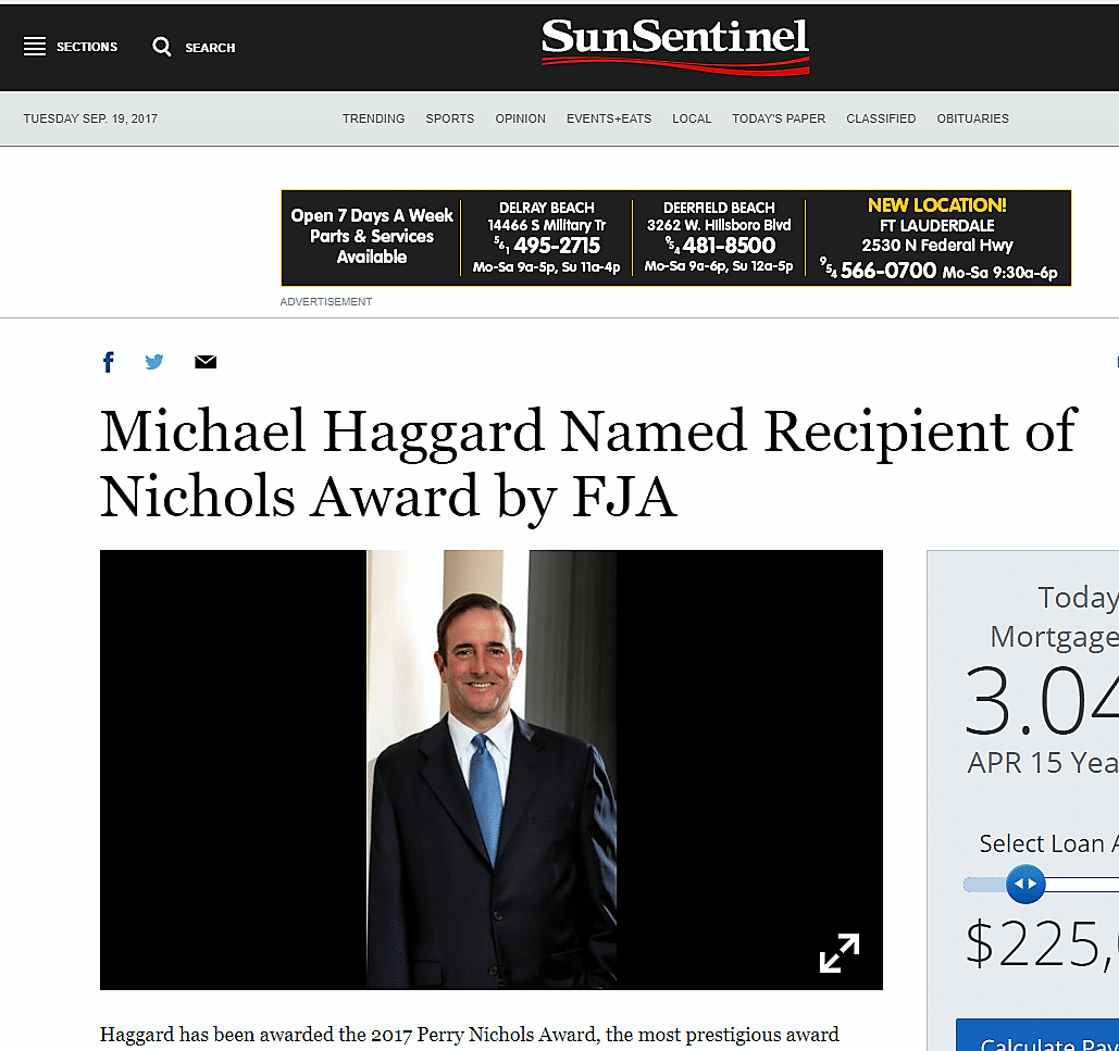 Sun Sentinel: Haggard to Receive Perry Nichols Award