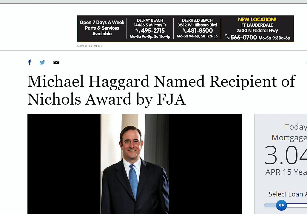 Sun Sentinel: Haggard to Receive Perry Nichols Award